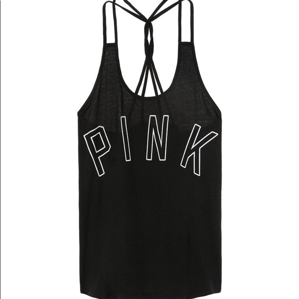 PINK Victoria's Secret Black Strappy Racerback Tank with White Logo